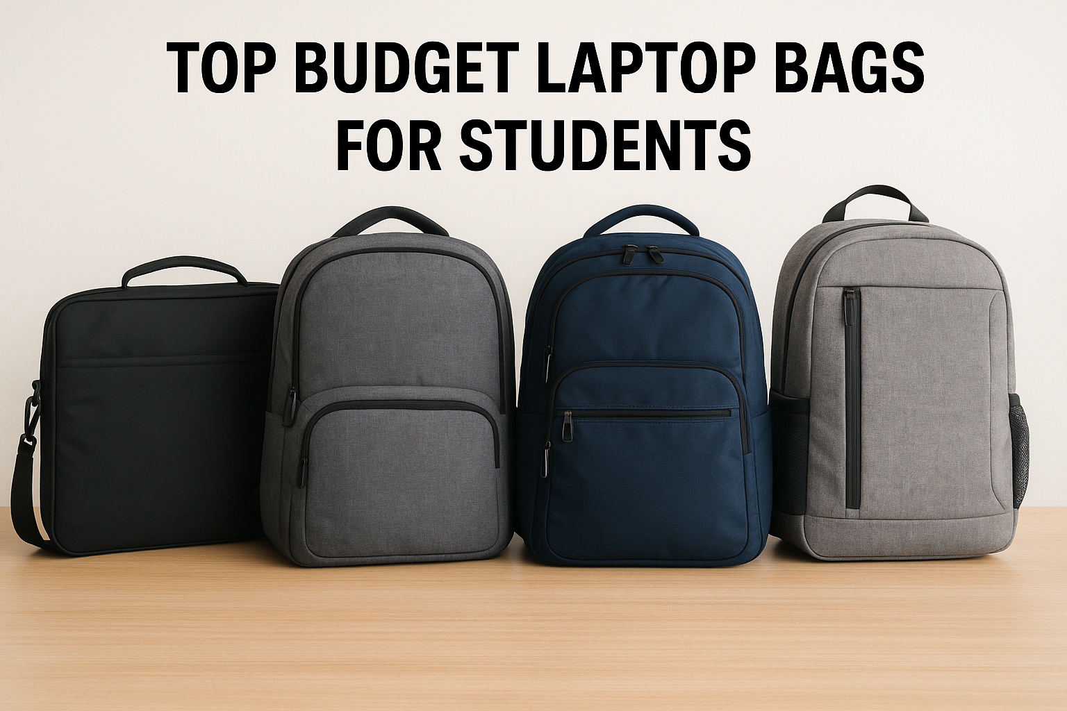 Four budget laptop bags for students arranged side by side on a wooden surface with an off-white background, showcasing a black messenger bag, gray and navy backpacks, and a light gray backpack under the heading ‘Top Budget Laptop Bags for Students’.