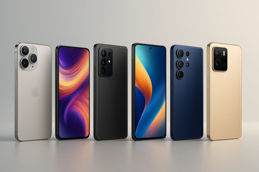 Ultra-realistic lineup of 2025 flagship smartphones arranged on a sleek light-gray surface, showcasing edge-to-edge displays and modern camera modules under soft studio lighting.