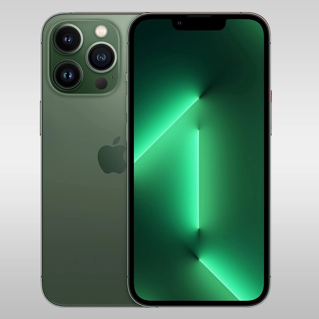 Alpine Green iPhone 13 Pro shown front and back on a light gray gradient background; triple-camera system and green OLED wallpaper visible.