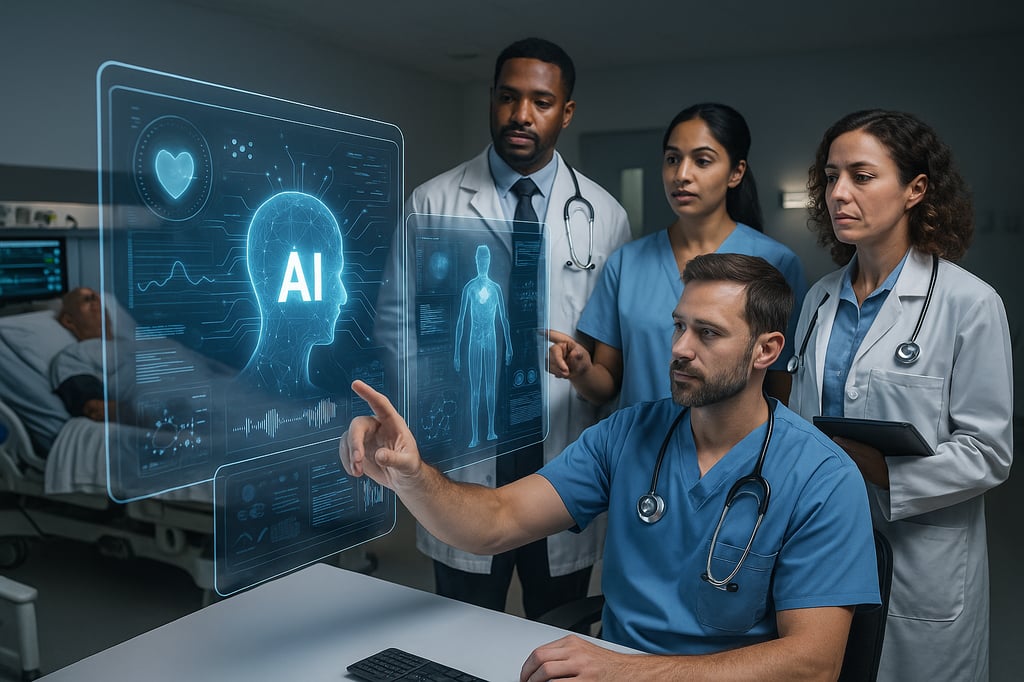 Team of doctors in a modern hospital analyzing holographic AI medical dashboards with a patient lying in a bed nearby, illustrating how artificial intelligence is transforming diagnosis and patient care in modern healthcare.
