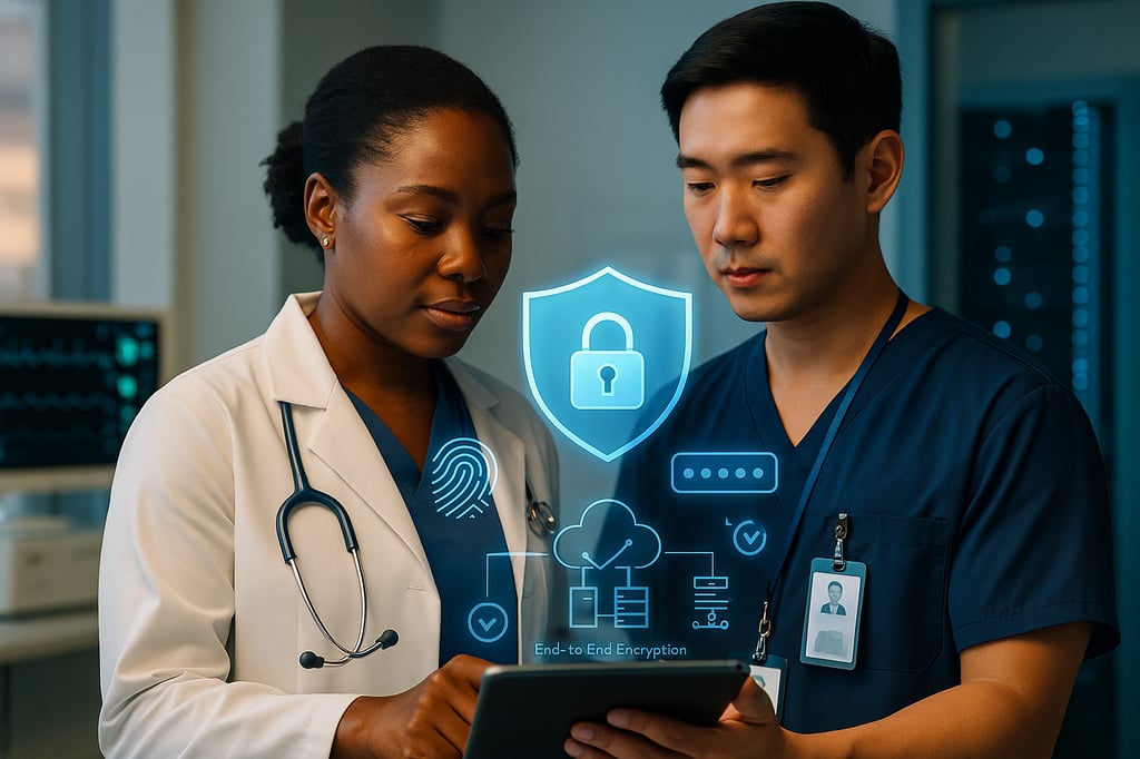 Hospital scene showing a doctor in a white coat and a clinician in navy scrubs reviewing a tablet, with holographic security graphics—a padlocked shield, fingerprint ID, cloud, and 'End-to-End Encryption'—illustrating data security innovations in healthcare.