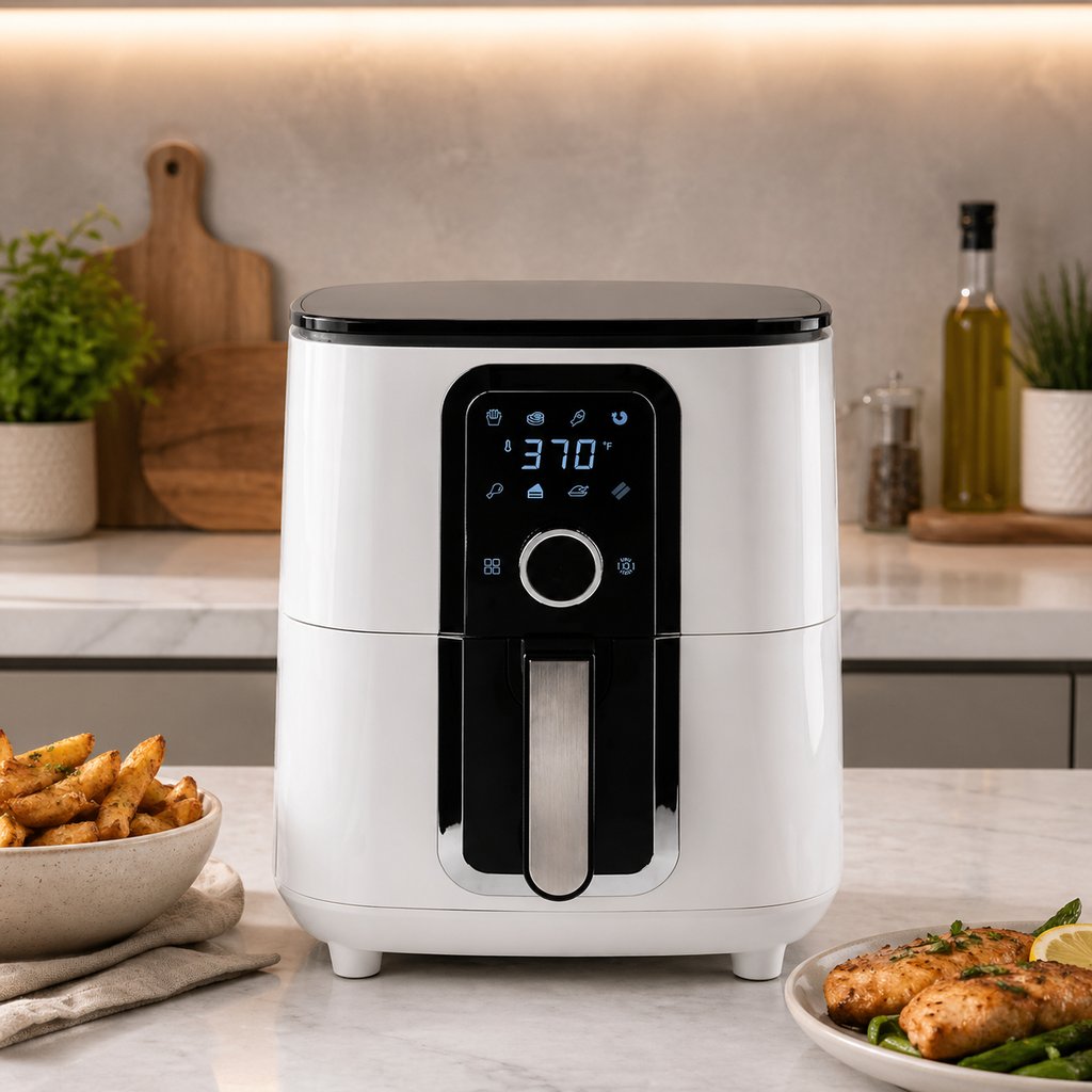 Modern white ceramic air fryer on a stylish kitchen countertop with cooked fries and chicken, ideal for healthy home cooking