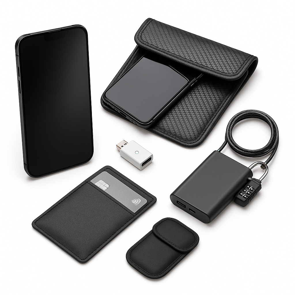 Mobile device security gadgets—privacy screen phone, carbon-fiber Faraday bag, RFID-blocking cardholder, USB data blocker, steel cable lock with power bank, and key-fob signal-blocking pouch (Amazon product flat lay).
