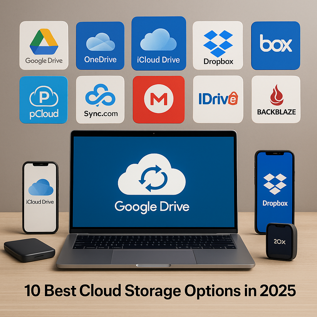10 Best Cloud Storage Options in 2025 displayed in a studio layout: Google Drive, OneDrive, iCloud Drive, Dropbox, Box, pCloud, Sync.com, MEGA, IDrive, and Backblaze—shown above a laptop and smartphones on a neutral desk.