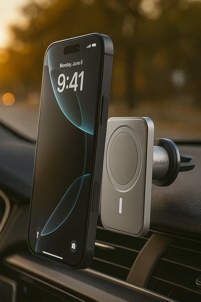 iPhone attached to a Belkin MagSafe vent mount clipped to a car’s air vent—close-up view inside the cabin with a textured dash and a softly blurred golden-hour background.