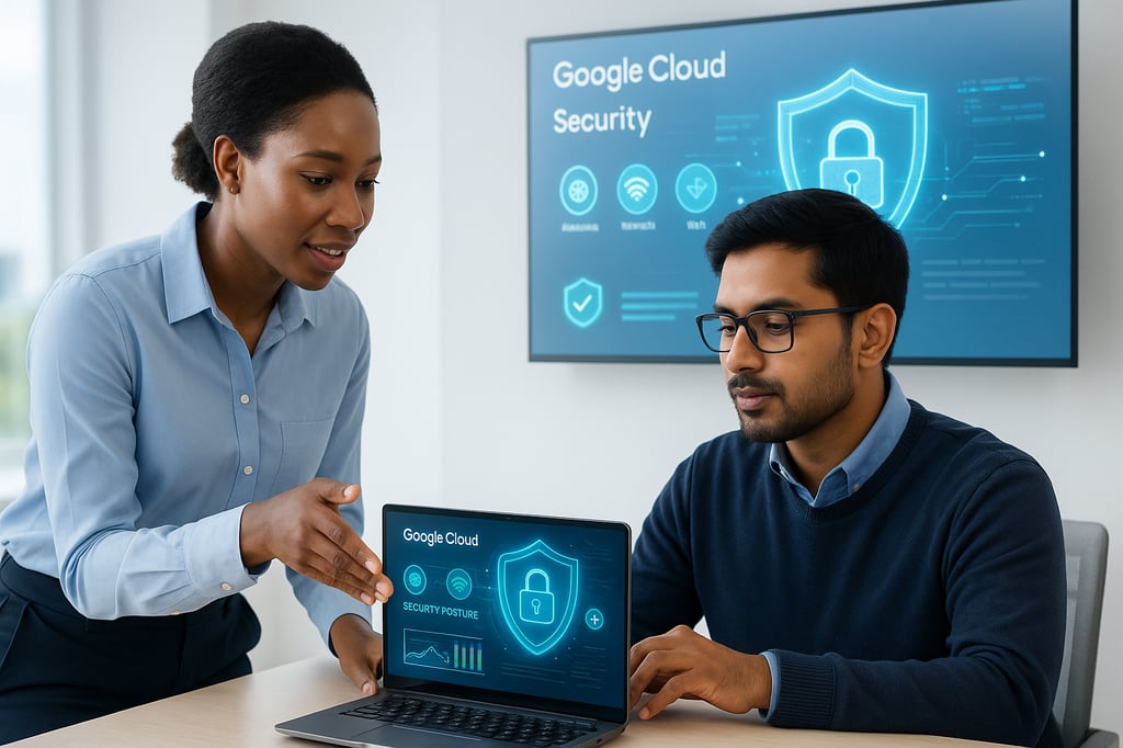 Bright office scene with two cybersecurity professionals reviewing a laptop showing a Google Cloud security dashboard; a wall display behind them reads 'Google Cloud Security' with a glowing shield icon and status widgets.