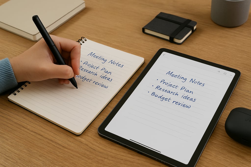 Person writing notes with a smartpen on a digital notebook, surrounded by a tablet and smartphone on a wooden desk—illustrating top smartpens and digital notebooks for handwritten note-taking.