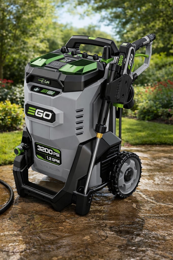 EGO Power+ electric pressure washer on a wet stone patio with a blurred garden background, showing the spray gun, wand holder, and large wheels.