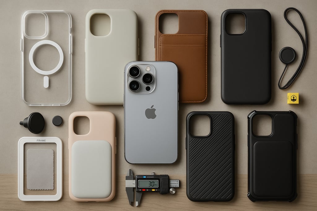 Flat-lay of a silver iPhone surrounded by nine different cases—clear MagSafe ring, soft-touch silicone, leather wallet, slim black, rugged bumper, and textured grip—plus a wrist lanyard, magnetic mount puck, screen-protector frame with cloth, and a digital caliper reading 3.00 mm on a neutral wood desk.
