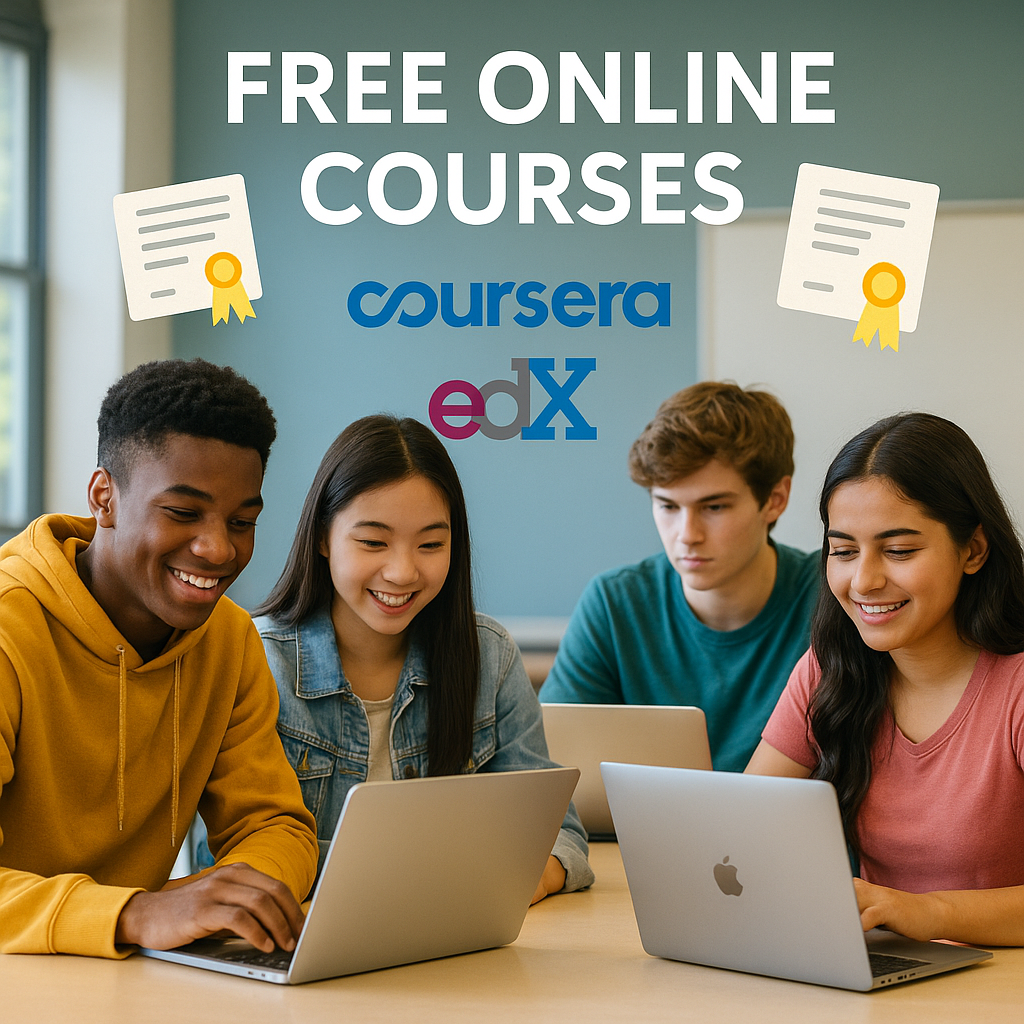 High school students working on laptops in a bright classroom setting, with ‘Free Online Courses’ text, Coursera and edX logos, and certificate icons floating above their screens.