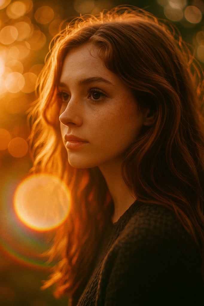 Close-up portrait of a young woman at golden hour with warm bokeh and lens flare