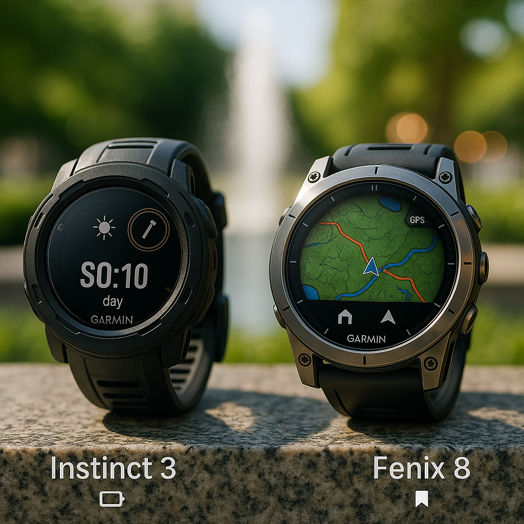 Ultra-realistic close-up of Garmin Instinct 3 and Garmin Fenix 8 smartwatches placed side by side on a granite surface with a blurred outdoor background featuring greenery and a fountain. The Instinct 3 shows a simple digital display, while the Fenix 8 displays a colorful topographic GPS map