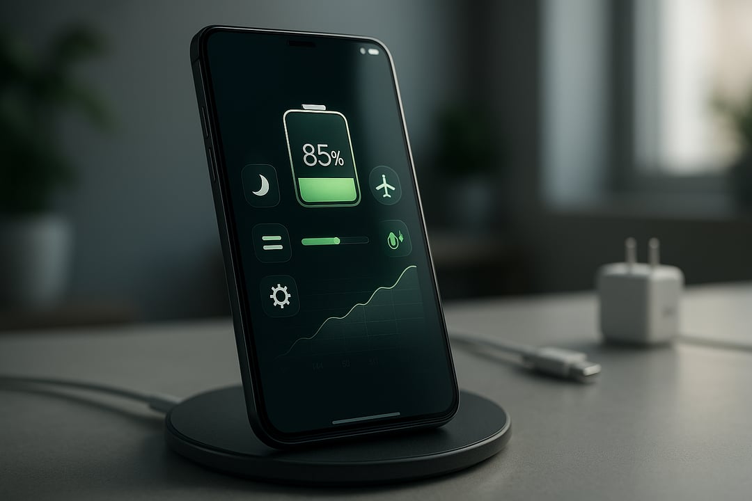 Ultra-realistic smartphone on a wireless charger showing 85% battery, with power-saving and performance icons—visual for the Ultimate Guide to Smartphone Battery Optimization.