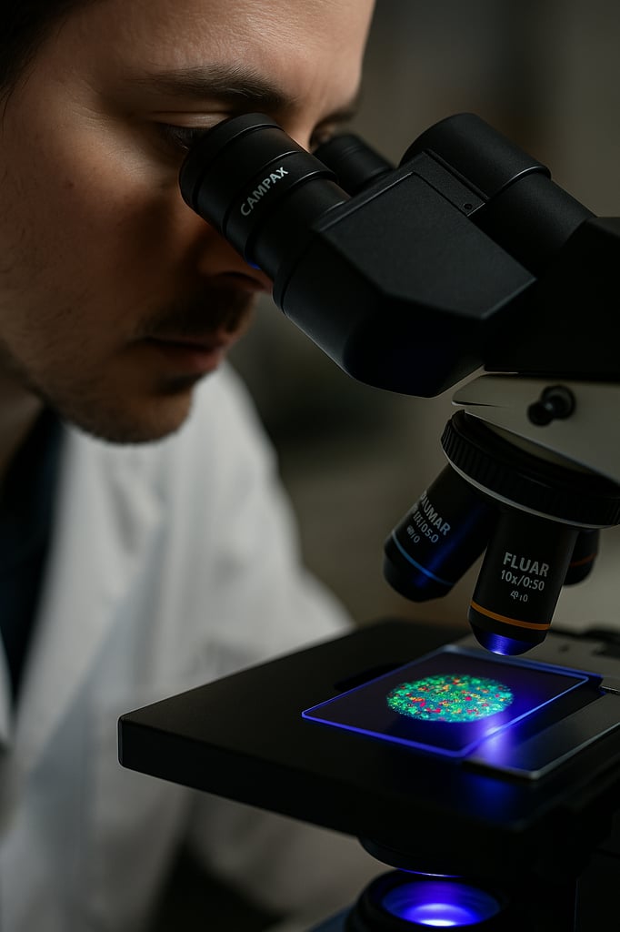 Ultra-realistic image of a fluorescence microscope view showing tumor cells labeled with fluorescent markers for detailed biomedical analysis