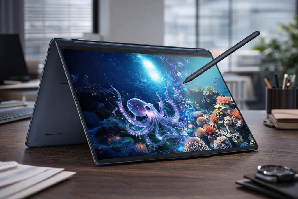 Lenovo Yoga 9i 2-in-1 Aura Edition in tent mode on a modern office desk, displaying a vivid underwater octopus scene with a stylus hovering over the screen.