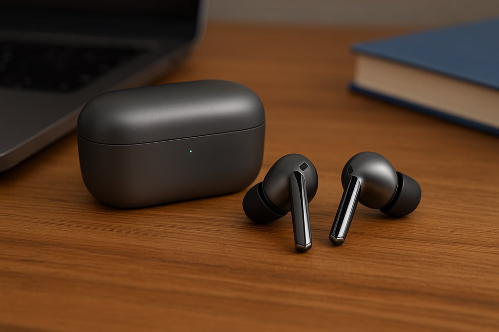 Samsung Galaxy Buds3 Pro wireless earbuds with charging case in dark gray, placed on a wooden desk beside a laptop and a blue book, under soft lifestyle lighting.