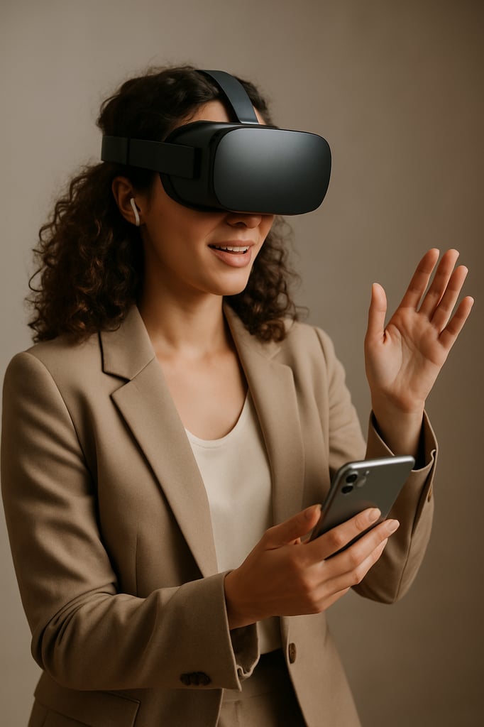 Professional studio portrait of a woman in a beige blazer using an AR/VR headset and smartphone, gesturing as she explores an immersive metaverse experience under soft neutral lighting.