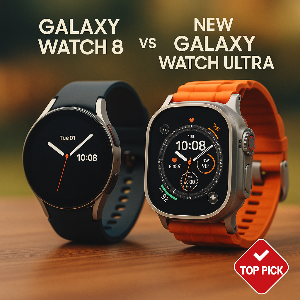 Ultra-realistic professional comparison image of the Galaxy Watch 8 and the New Galaxy Watch Ultra. The Galaxy Watch 8 on the left features a sleek silver case with a black strap and minimalist watch face, while the Galaxy Watch Ultra on the right showcases a rugged titanium design with an orange strap and advanced health and fitness tracking display. A red Top Pick badge appears at the bottom right against a warm wooden surface background.