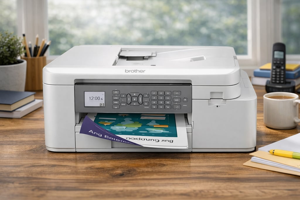 White Brother all-in-one inkjet printer on a wooden desk in a bright home office, printing a colorful report; a window with blurred greenery, books, pens, and a coffee mug sit in the background.