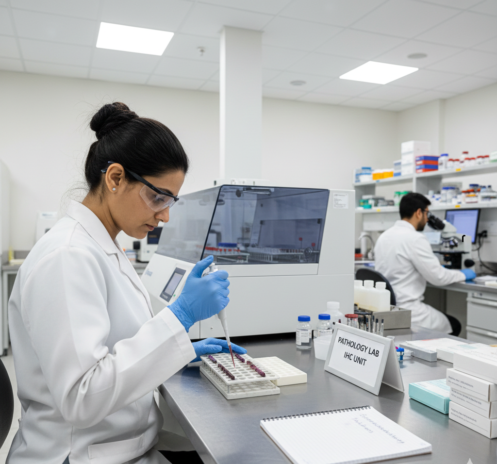 Pathology lab scientist wearing safety glasses and blue gloves pipetting reagents into a sample tray at an immunohistochemistry (IHC) workstation, with lab equipment and a colleague using a microscope in the background.