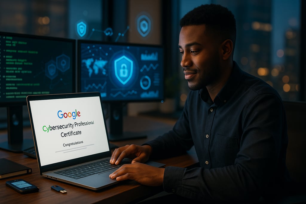Young man in a dimly lit security operations office viewing the Google Cybersecurity Professional Certificate on a laptop, with dual monitors showing cybersecurity dashboards and city lights in the background.