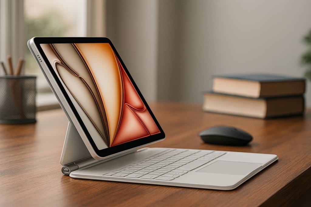 Apple iPad Pro attached to Magic Keyboard with trackpad, displayed in a professional workspace setup with natural lighting and modern background.