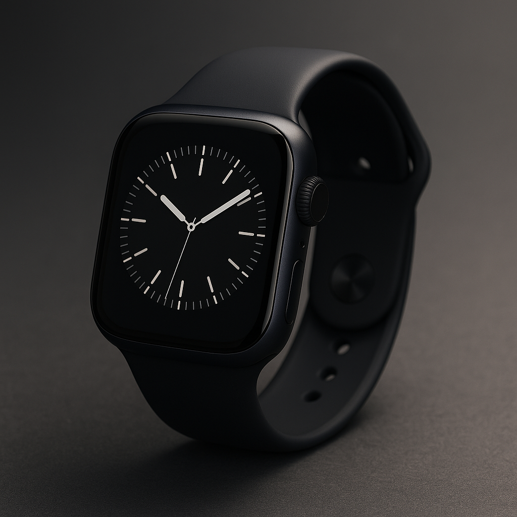 Apple Watch Series 7 in Midnight aluminum with black Sport Band, studio photo with soft, diffused lighting on a dark textured surface
