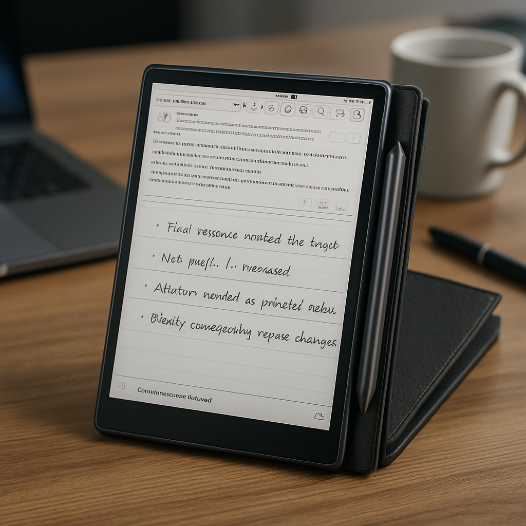 Digital e-ink notepad on a wooden office desk with a stylus, next to a laptop, coffee mug, and pen. The screen displays handwritten meeting notes, creating a modern and professional workspace scene.