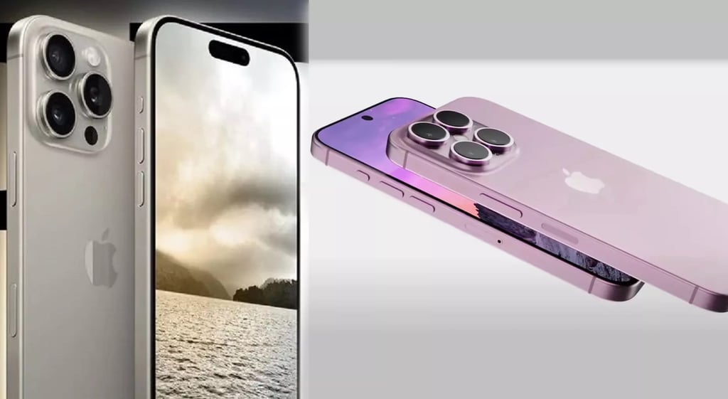 Concept render of iPhone 16 Pro: one silver model standing with large triple-camera array and pill-shaped Dynamic Island on the display, next to a violet model lying flat showing the raised camera bump and flat edges.