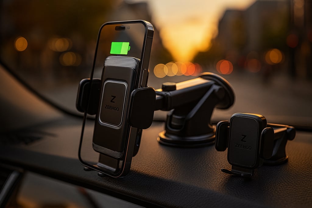 ZeeHoo wireless car charger on a car dashboard at sunset: phone in the cradle shows a green charging icon, suction-cup arm attached to the dash, with a second compact vent mount beside it and a softly blurred city street in the background.