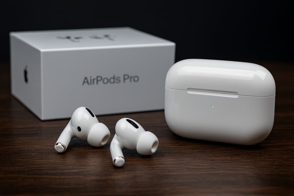 Apple AirPods Pro with wireless charging case and retail box, displayed on a dark wooden surface under soft studio lighting for a premium look.