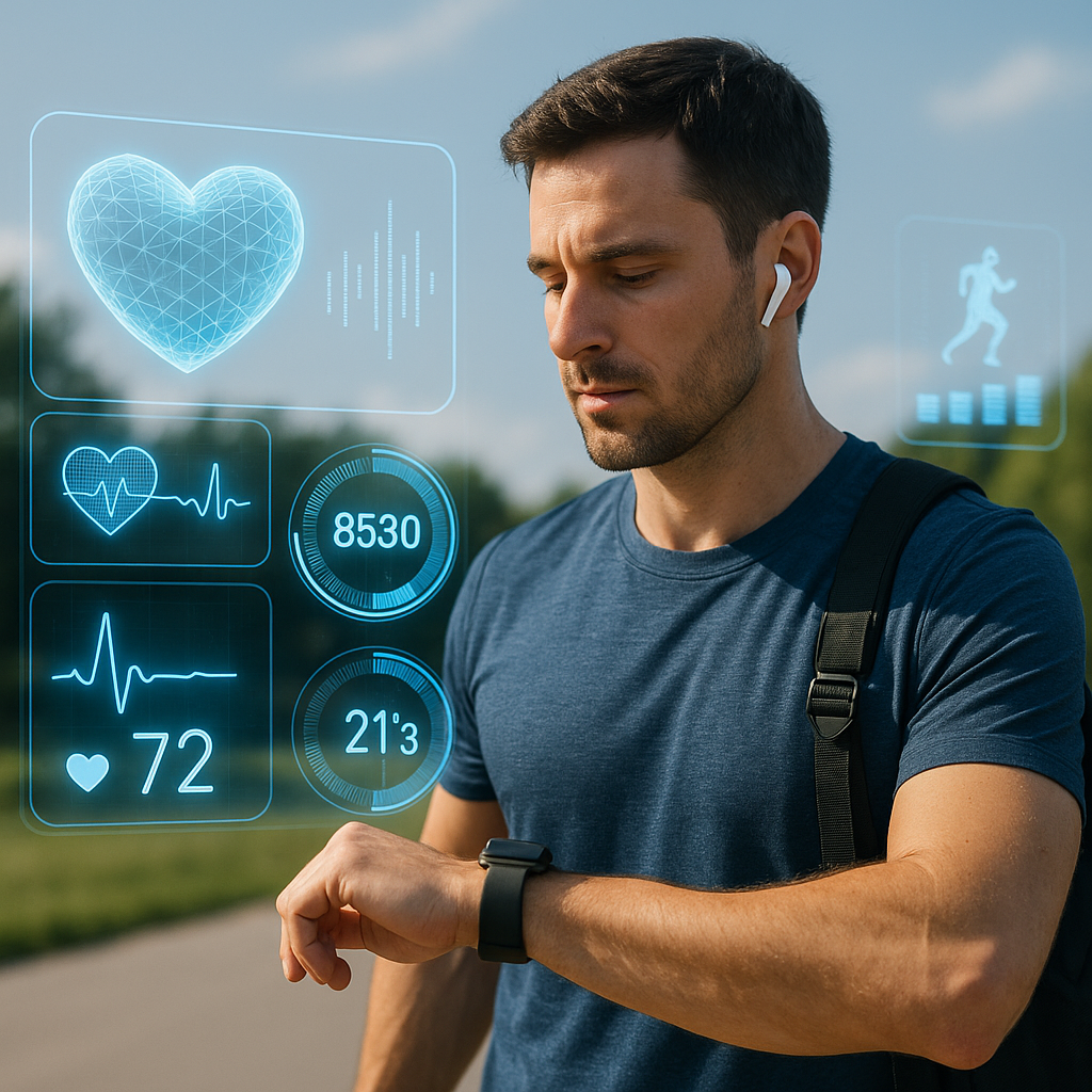 Young man outdoors checking a smartwatch while holographic fitness data displays heart rate, steps and activity metrics, illustrating how wearable tech is transforming personal wellness in the digital age.