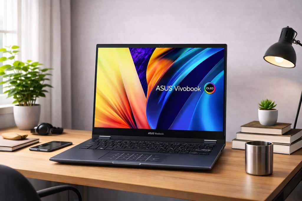 ASUS VivoBook Flip OLED laptop on a realistic wooden study desk in a bright home office, displaying a colorful abstract wallpaper, with desk lamp, books, phone, and plants nearby.
