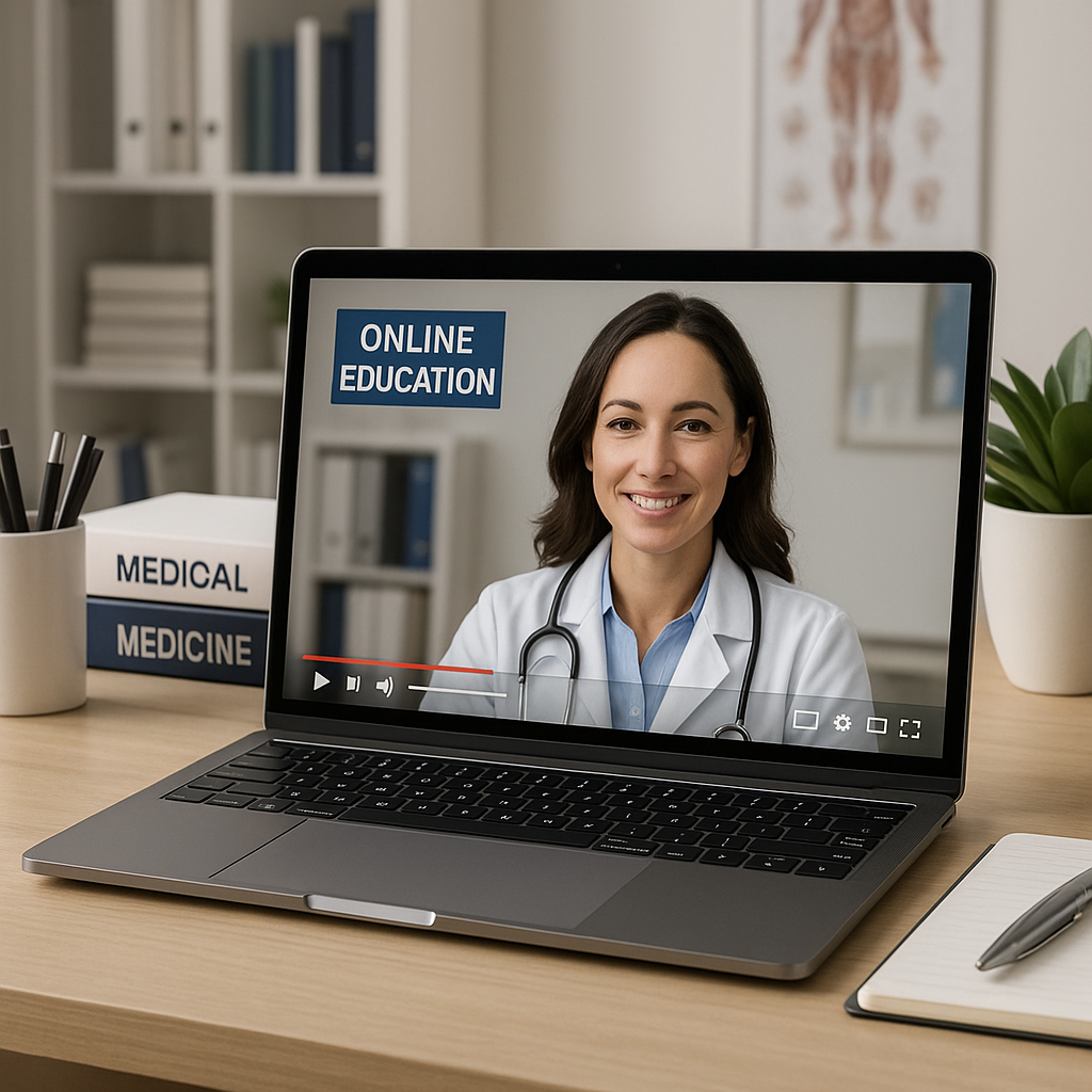 A laptop on a wooden desk streaming an online medical school program, showing a smiling female doctor in a white coat with a stethoscope; medical textbooks, a notebook, and a plant are visible around the workspace.