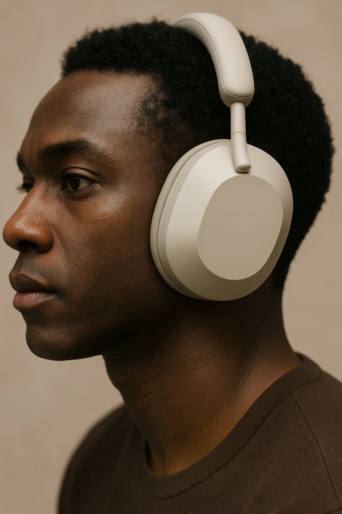 Ultra-realistic professional photo of Sony WH-1000XM5 headphones showcasing the sleek ear cups and headband under soft, diffused studio lighting
