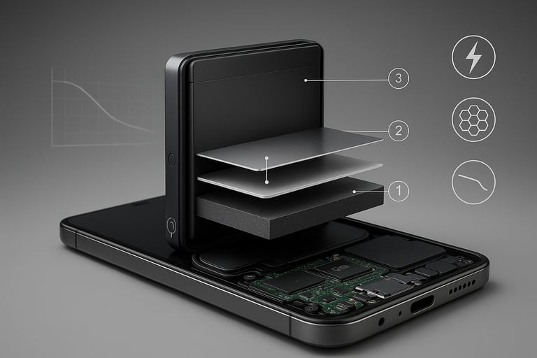 Exploded-view render of a smartphone battery pack showing layered cell structure, BMS chip, and charging components—visual for Smartphone Battery Technology Explained.