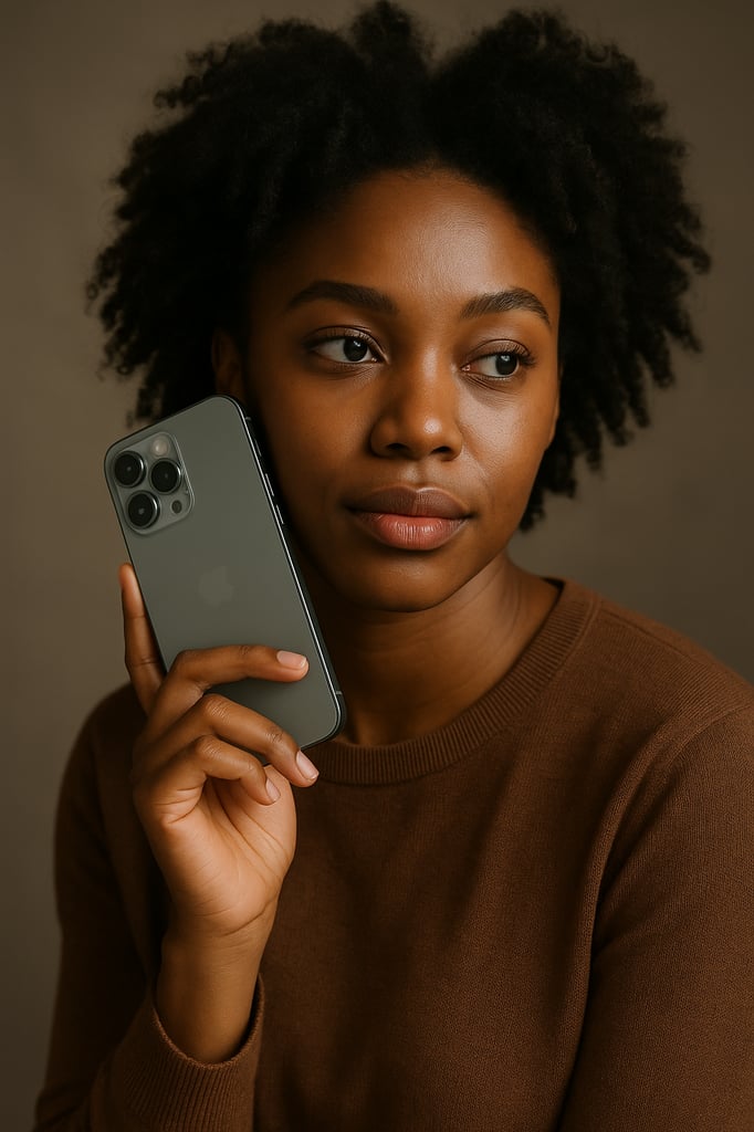 Ultra‑realistic professional photo shoot for Creative Mobile Photography Ideas: a young African American woman with natural curls holding a smartphone to her cheek under soft, diffused lighting highlighting her glowing skin and the sleek device.
