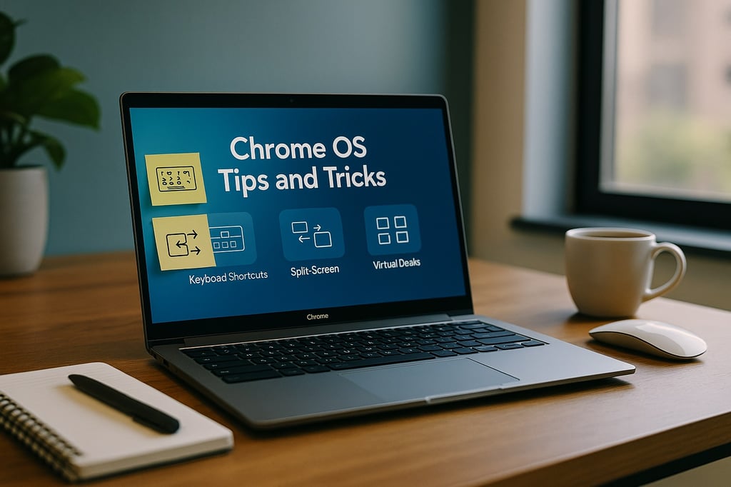 Chromebook on a wooden desk showing a 'Chrome OS Tips and Tricks' screen with icons for keyboard shortcuts, split-screen, and virtual desks; a notebook, pen, mouse, and coffee mug sit nearby in soft window light.
