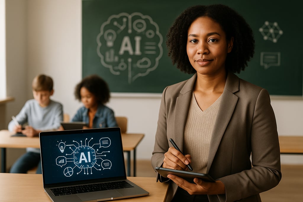 Confident teacher in a modern classroom holding a tablet and stylus beside an open laptop displaying an AI interface, with 'AI' sketched on the chalkboard and two students working in the background.