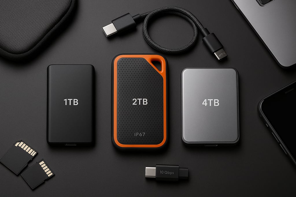Best portable SSDs flat-lay on a dark desk: three USB-C external drives labeled 1TB, 2TB with a rugged orange bumper (IP67), and 4TB, arranged neatly with a braided USB-C cable, SD cards, and the edges of a laptop and smartphone.