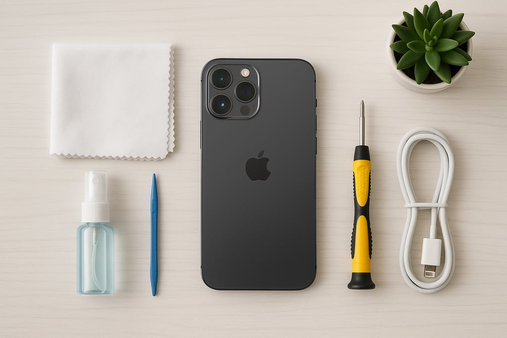 An iPhone on a white wooden surface, surrounded by essential maintenance tools including a microfiber cloth, cleaning spray, a blue spudger, yellow screwdriver, charging cable, and a small green succulent plant.