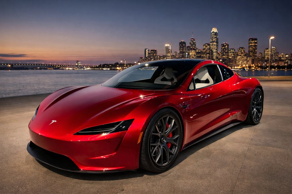 Red Tesla Roadster parked on a waterfront promenade at twilight, with a glowing city skyline reflected across calm water in the background.