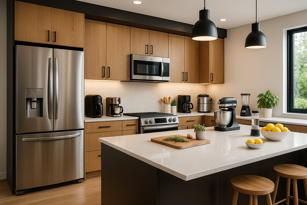 Modern kitchen decor with top-selling appliances: stainless steel French-door fridge with dispenser, over-range microwave, gas range, air fryer, espresso/coffee maker, multi-cooker, stand mixer, and blender on quartz countertops. Warm oak cabinets, black pendants, and a large white-quartz island styled with herbs and bowls of lemons.