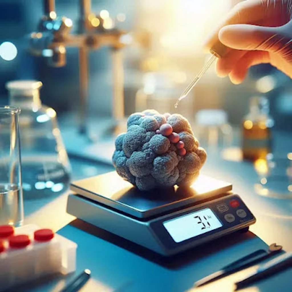 Chemistry lab scene: gloved hand uses a pipette to drop liquid onto a molecular model on a digital scale, illustrating the mole and amount of substance.