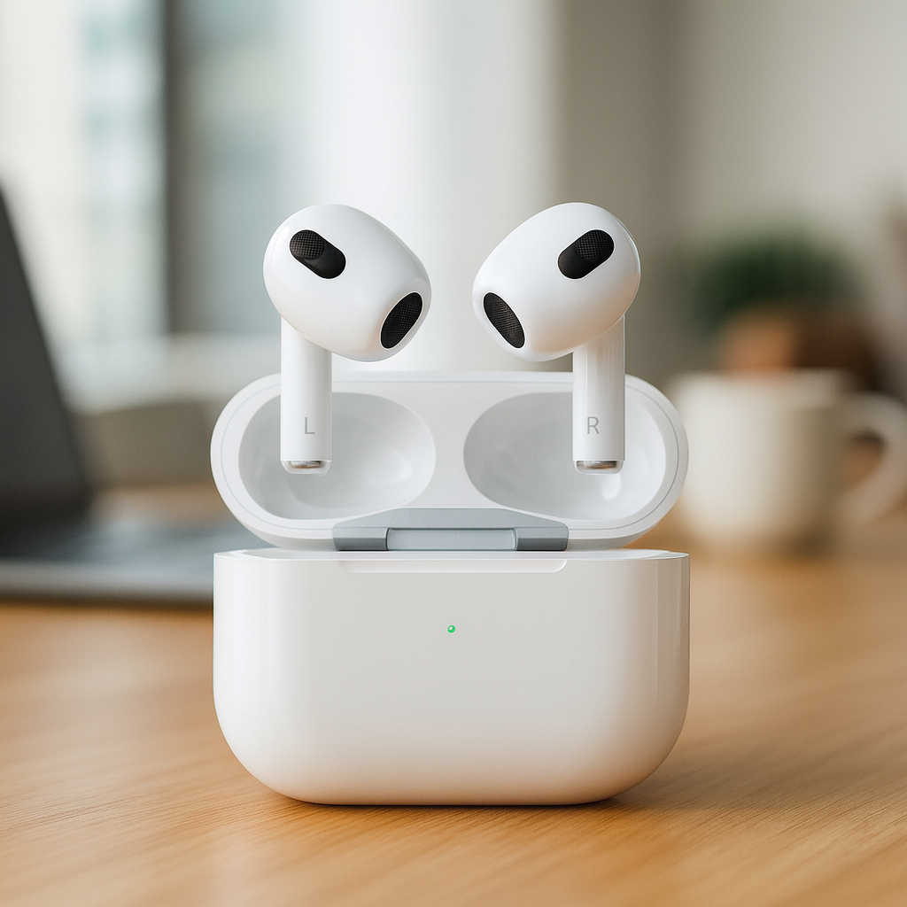 Ultra-realistic photo of white true-wireless earbuds in an open charging case on a wooden desk, softly lit, with a blurred laptop and coffee mug in the background.