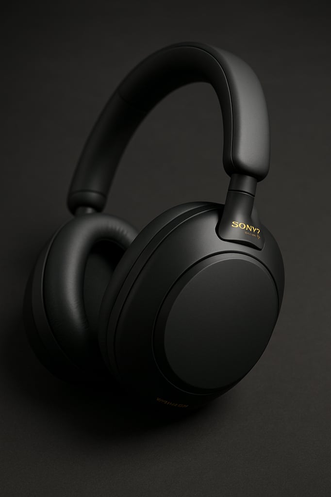 Close-up of Sony WH-1000XM6 wireless noise-cancelling headphones in matte black with gold accents on a dark background, highlighting the earcups and sleek headband design.