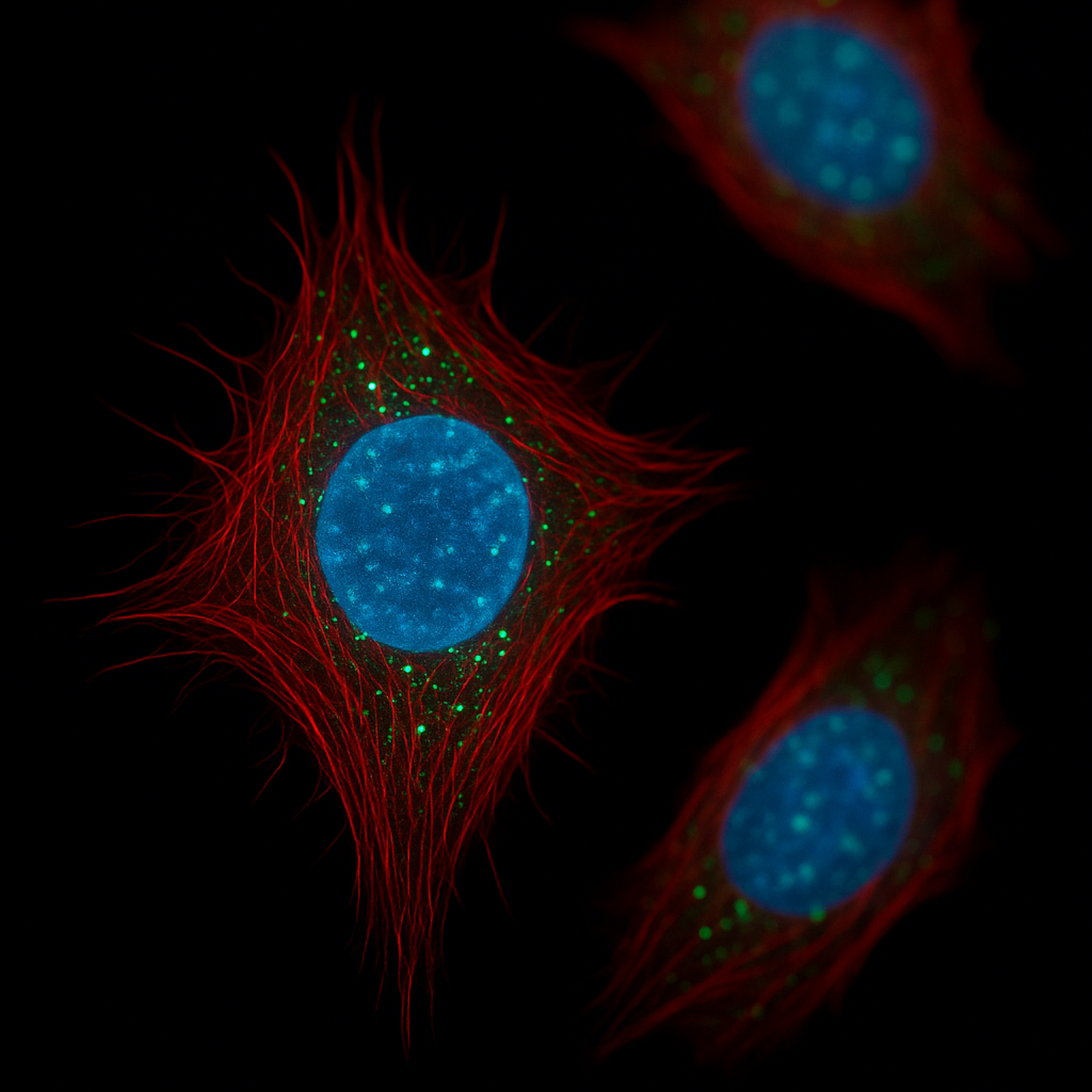 Ultra-realistic fluorescence microscopy image of cancer cells showing a bright blue nucleus, red actin cytoskeleton fibers, and green fluorescent puncta on a dark background—illustrating multi-channel labeling used in cancer research.