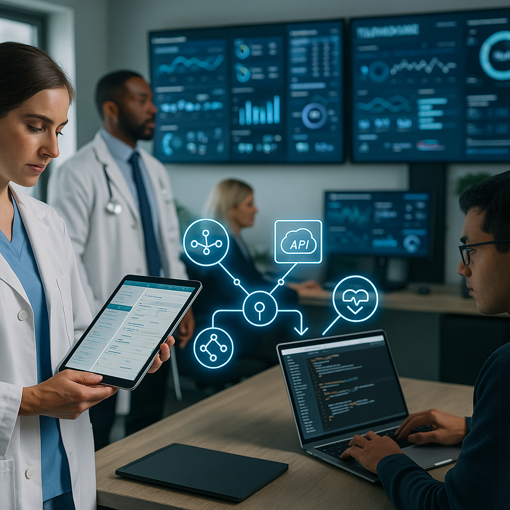 Modern health tech workspace: clinician reviewing patient data on a tablet while a developer codes on a laptop; large dashboards show analytics as glowing icons illustrate APIs, interoperability, and secure data flow.