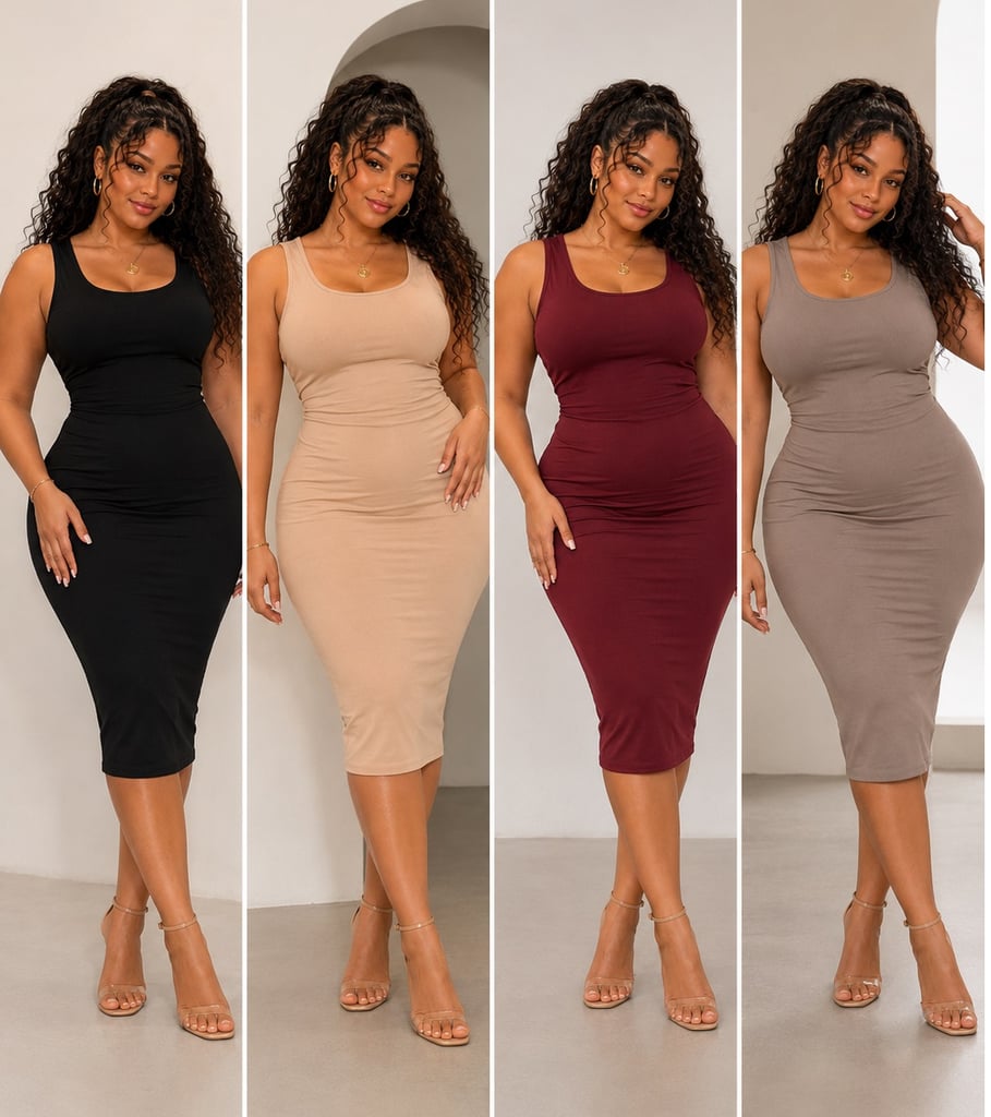 Curvy woman modeling black nude burgundy and neutral bodycon dresses in a fashion collage