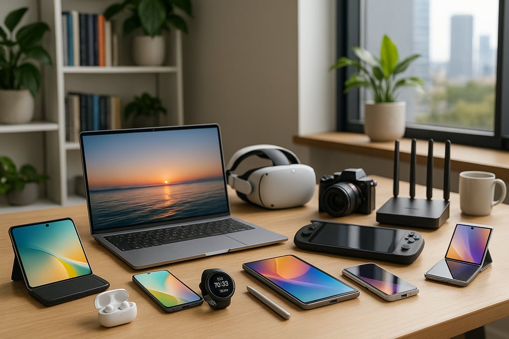 Daylit home-office scene for a 2025 tech buying guide: a modern desk neatly arranged with a laptop, VR headset, mirrorless camera, Wi-Fi router, handheld game console, tablets, foldable phones, smartwatch, stylus, and true-wireless earbuds, with shelves, plants, and a city view in the clear background.